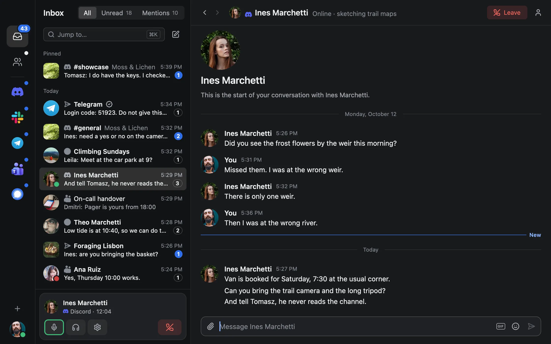 A Discord voice call in tinyclient: the call bar under the inbox shows who you are talking to, with mute, deafen, settings and hang-up buttons.