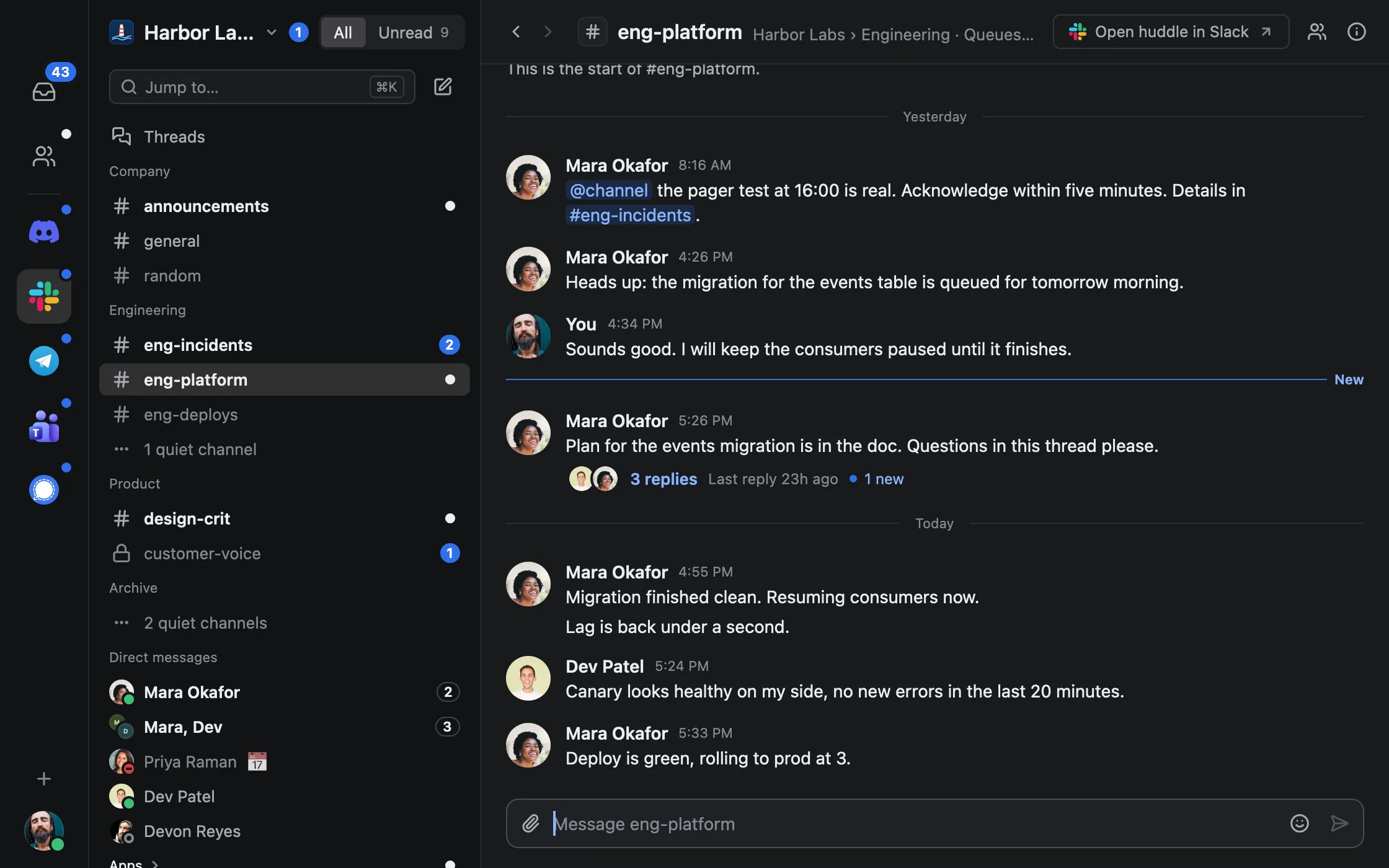 A Slack workspace in tinyclient: channel sections and direct messages on the left, and a channel with a mention and a thread summary.